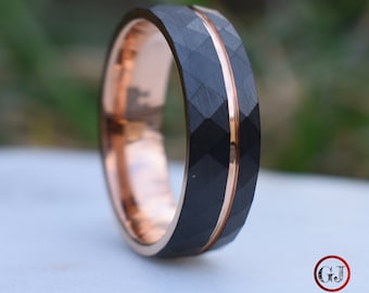 Hammered 8mm Black Tungsten Ring with Rose Gold Accent, Mens Ring, Mens Wedding Band