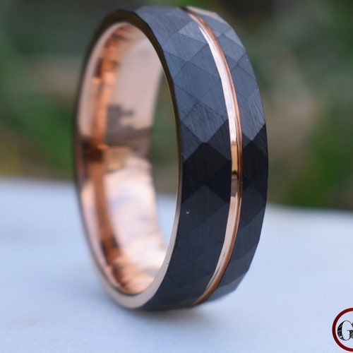 Hammered Tungsten 6mm Ring With Rose Gold Band Mens Ring - Etsy