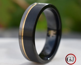 Bague en tungstène noir et argent brossé avec accent doré, bague pour homme, bande de mariage pour homme