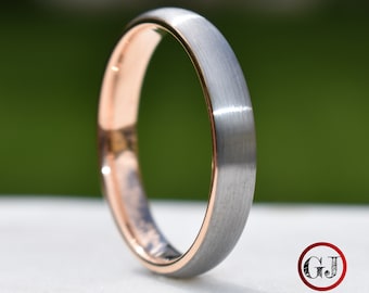 Tungsten Ring 4mm Brushed Silver with Rose Gold Comfort fit band, Mens Ring, Mens Wedding Band