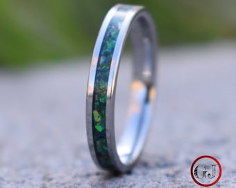 Tungsten Ring Crushed Green and Blue Opal Wedding Band, Womens Ring, Womens Wedding Band