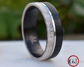 Deer Antler and Brushed Black Tungsten Ring with Polished Silver Tungsten Center, Mens Ring, Mens Wedding Band, Deer Antler Ring