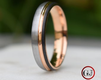 Bague en tungstène bombée de 5 mm noir et argent brossé avec touche d'or rose, bague pour homme, alliance pour homme