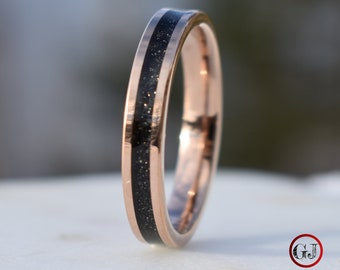 Tungsten Rose Gold Ring Black Druzy Quartz Wedding Band, Womens Ring, Womens Wedding Band