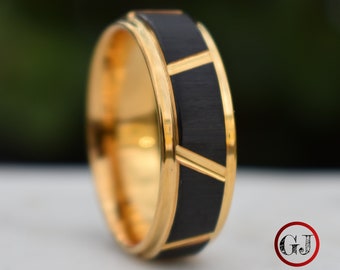 Tungsten Ring Gold With Raised Black Center Design, Mens Ring, Mens Wedding Band