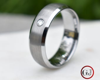 Silver Tungsten Ring with Cubic Zirconia, Mens Ring, Mens Wedding Band, Silver Ring