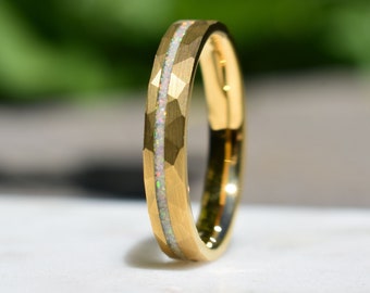 Tungsten 4mm Hammered Yellow Gold Ring with Crushed Opal Centre, Wedding Ring, Wedding Band