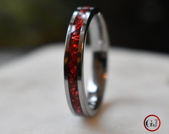 Tungsten 4mm Ring German Ruby Red Glass Wedding Band, Womens Ring, Womens Wedding Band