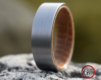 Silver Tungsten with Whiskey Barrel Inner Band 8mm, Mens Ring, Mens Wedding Band, Whiskey Barrel Ring