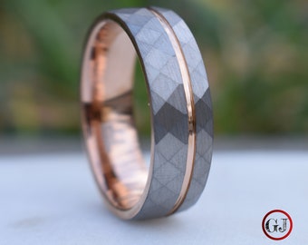 Hammered 8mm Tungsten Ring with Rose Gold Accent, Mens Ring, Mens Wedding Band