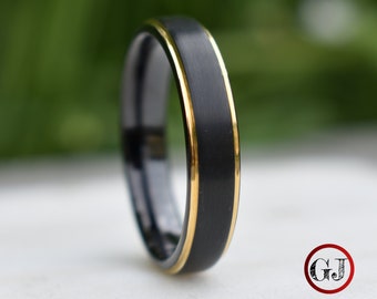 Black Tungsten Ring with Gold Bevelled Edges, Black Ring, Mens Ring, Mens Wedding Band