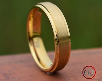 Tungsten Ring Gold 6mm Brushed Centre with a Deep Stepped Edge, Mens Ring, Mens Wedding Band, Womens Wedding Band