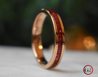 Tungsten 4mm Rose Gold Ring German Ruby Red Glass Wedding Band, Womens Ring, Womens Wedding Band