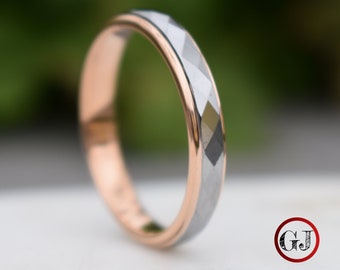 Tungsten Diamond Facet Silver Ring with Rose Gold  Edges, Wedding Band