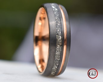 Tungsten 8mm Ring Grey with Rose Gold Accent and German Glass, Mens Ring, Mens Wedding Band