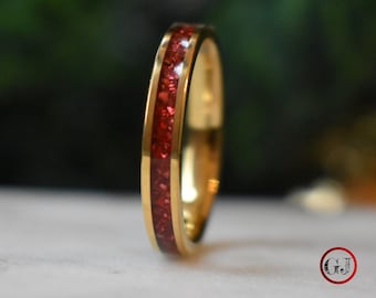 Tungsten 4mm Yellow Gold Ring German Ruby Red Glass Wedding Band, Womens Ring, Womens Wedding Band
