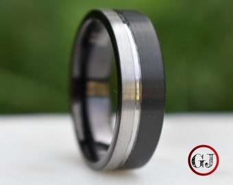 Bague en tungstène 8 mm noir et argent brossé avec accent argenté poli, bague pour homme, alliance pour homme