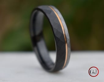 Hammered 6mm Tungsten Ring Black and Silver Brushed with Rose Gold Accent, Mens Ring, Mens Wedding Band