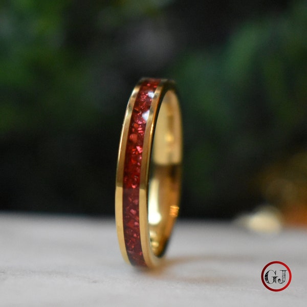 Tungsten 4mm Yellow Gold Ring German Ruby Red Glass Wedding Band, Womens Ring, Womens Wedding Band