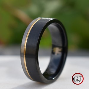 Tungsten Ring Black and Silver Brushed with Gold Accent, Mens Ring, Mens Wedding Band