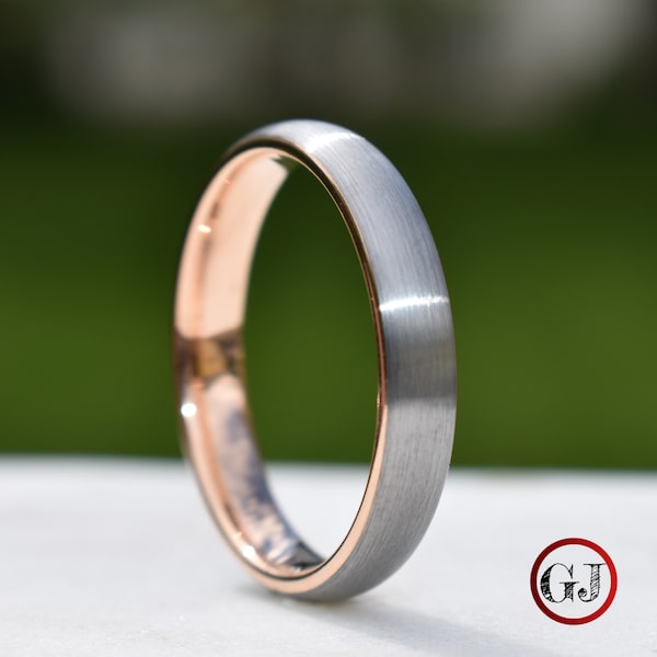 Tungsten Ring 4mm Brushed Silver with Rose Gold Comfort fit band, Mens Ring, Mens Wedding Band