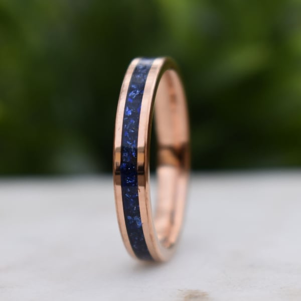 Tungsten 4mm Rose Gold Ring Blue Sapphire German Glass Wedding Band, Womens Ring, Womens Wedding Band