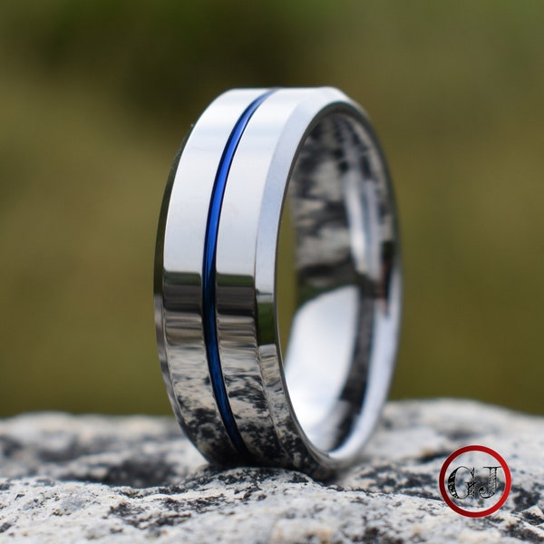 Tungsten Silver Ring with a Blue Center Strip, Mens Ring, Mens Wedding Band, Womens Wedding Band