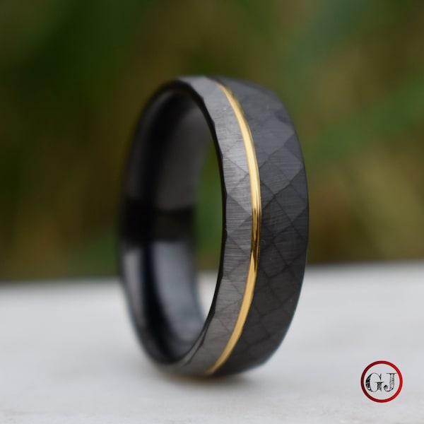 Hammered Tungsten Ring Black and Silver Brushed with Gold Accent, Mens Ring, Mens Wedding Band