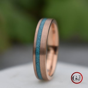 Tungsten Ring Rose Gold with Crushed Turquoise Wedding Band, Womens Ring, Womens Wedding Band