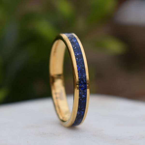 Tungsten 4mm Yellow Gold Ring Blue Sapphire German Glass Wedding Band, Womens Ring, Womens Wedding Band