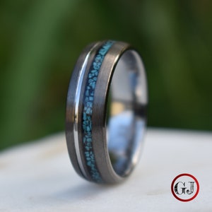 Tungsten 8mm Ring Grey with Silver Accent and Crushed Turquoise, Mens Ring, Mens Wedding Band