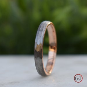 Hammered Tungsten 4mm Ring with Rose Gold Band, Mens Ring, Mens Wedding Band