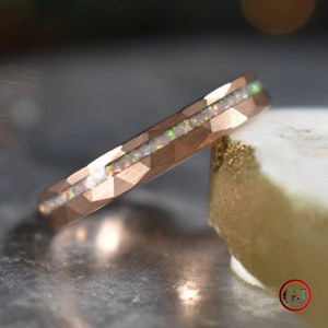 Tungsten 4mm Hammered Rose Gold Ring with Crushed Opal Centre, womens Ring, womens Wedding Band