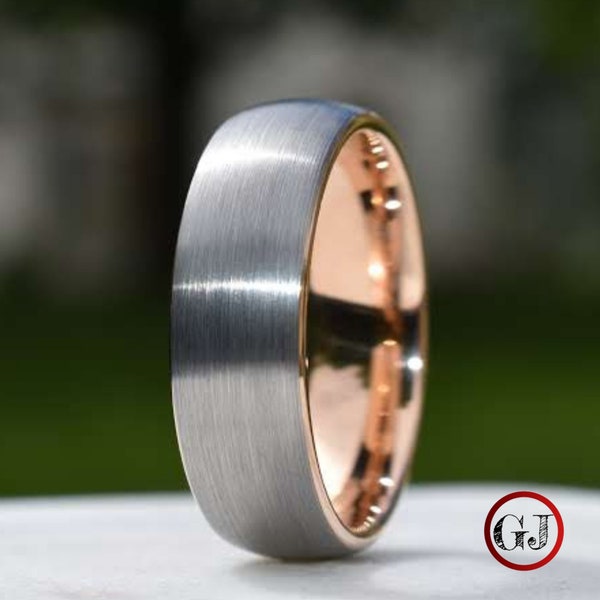 Tungsten Ring 8mm Brushed Silver with Rose Gold Comfort fit band, Mens Ring, Mens Wedding Band