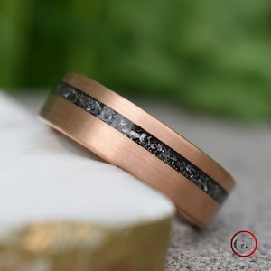 Tungsten 8mm Ring Rose Gold with Black Druzy Quartz and Meteorite Inlay, Mens Ring, Mens Wedding Band