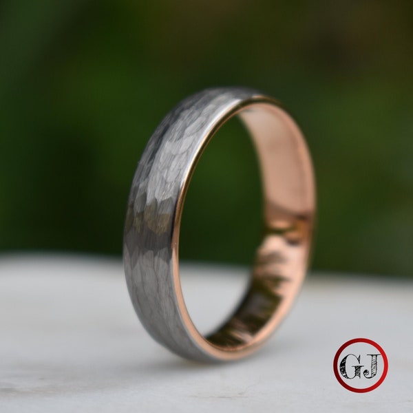 Anillo de tungsteno martillado de 6 mm con banda de oro rosa, anillo para hombre, banda de boda para hombre