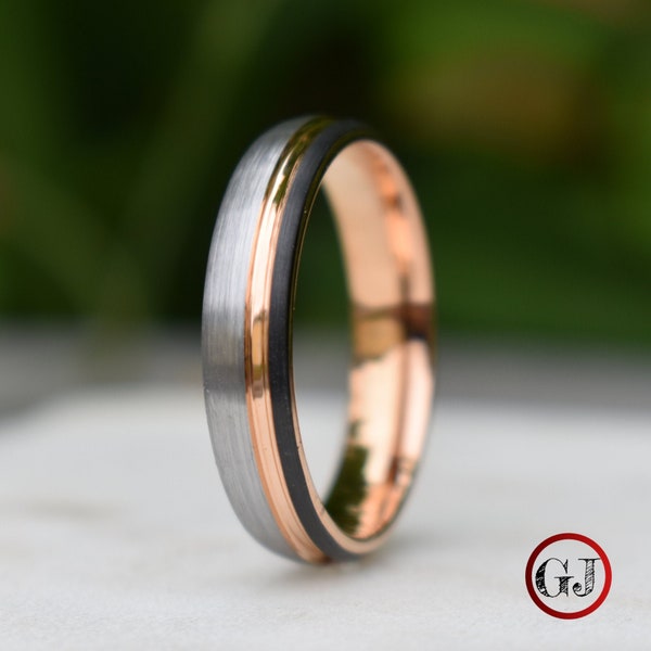 Domed 5mm Tungsten Ring Black and Silver Brushed with Rose Gold Accent, Mens Ring, Mens Wedding Band