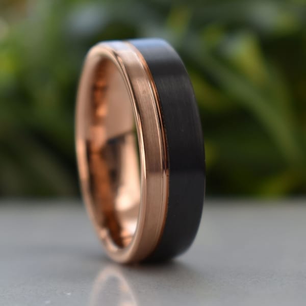 Bague en tungstène 8 mm noir brossé et or rose, bague pour homme, alliance pour homme