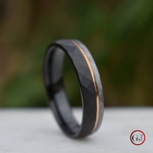Hammered 6mm Tungsten Ring Black and Silver Brushed with Rose Gold Accent, Mens Ring, Mens Wedding Band