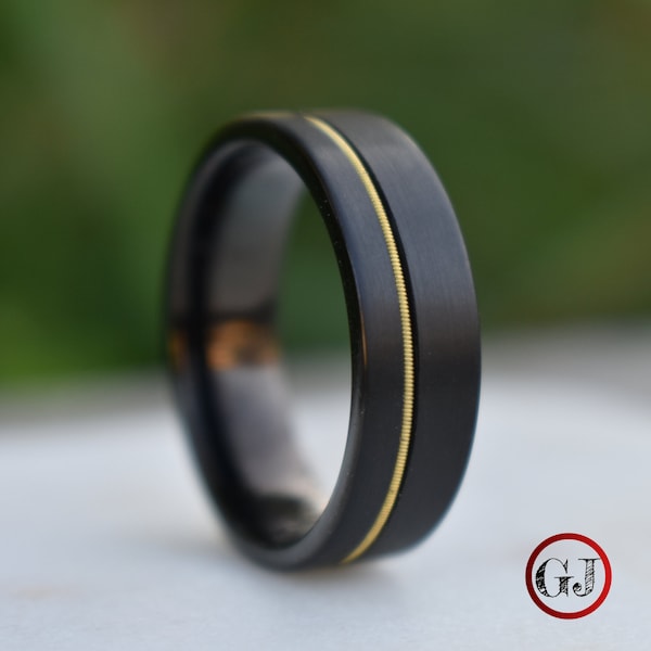 Guitar String 8mm Black Tungsten Ring, Mens Ring, Mens Wedding Band