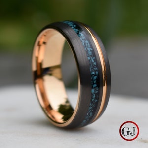 Tungsten 8mm Ring Grey with Rose Gold Accent and Crushed Turquoise, Mens Ring, Mens Wedding Band