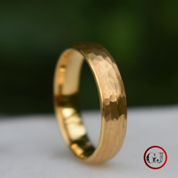 Tungsten Ring Hammered Gold with Comfort fit band, Mens Ring, Mens Wedding Band, Womens Wedding band
