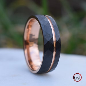 Hammered 8mm Black Tungsten Ring with Rose Gold Accent, Mens Ring, Mens Wedding Band