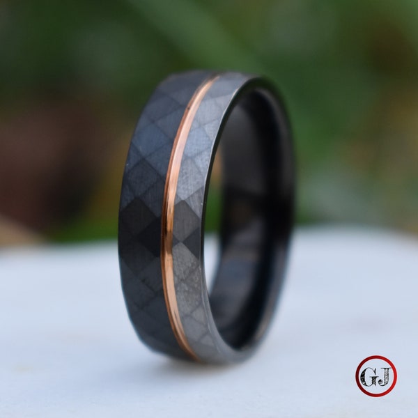 Hammered Tungsten Ring Black and Silver Brushed with Rose Gold Accent, Mens Ring, Mens Wedding Band