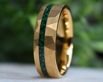 Tungsten 8mm Hammered Gold Ring with Malachite Inlay