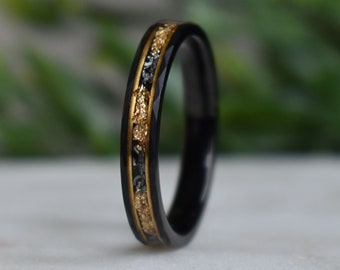 Hammered 4mm Black Tungsten Ring with 22K Gold Leaf and Meteorite Inlay