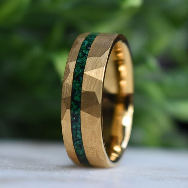 Tungsten 8mm Hammered Gold Ring with Malachite Inlay