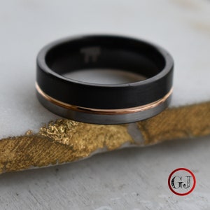 Tungsten Ring Black and Silver Brushed with Rose Gold Accent, Mens Ring, Mens Wedding Band image 3