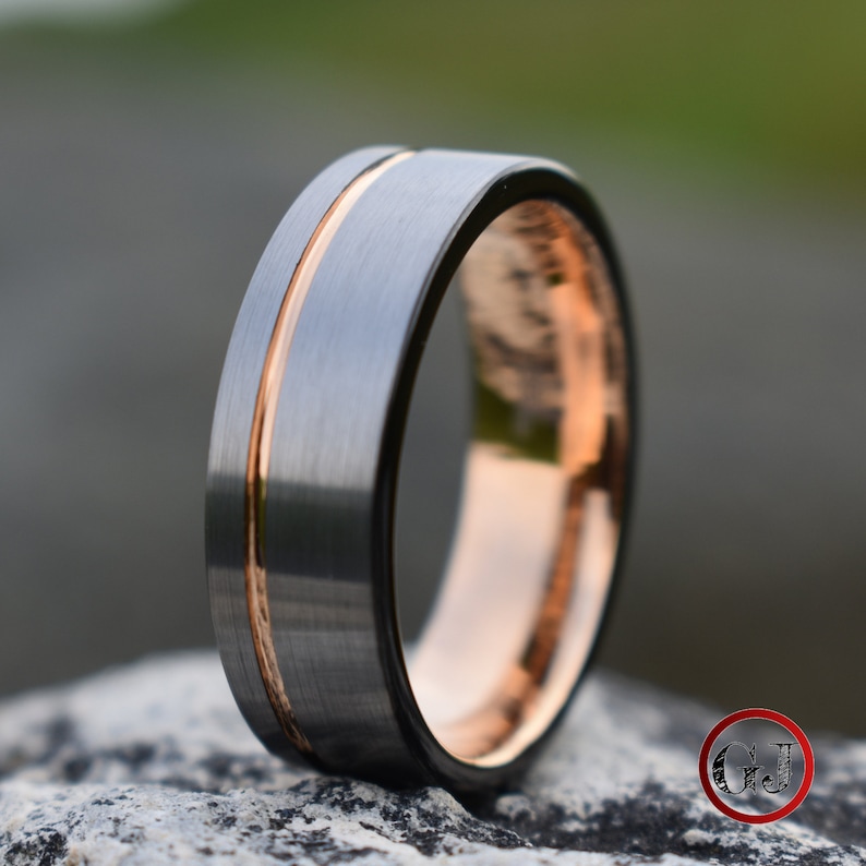 Mens Wedding Band Mens Ring Tungsten Ring 8mm Brushed Silver with Rose Gold Stripe and Black Sides