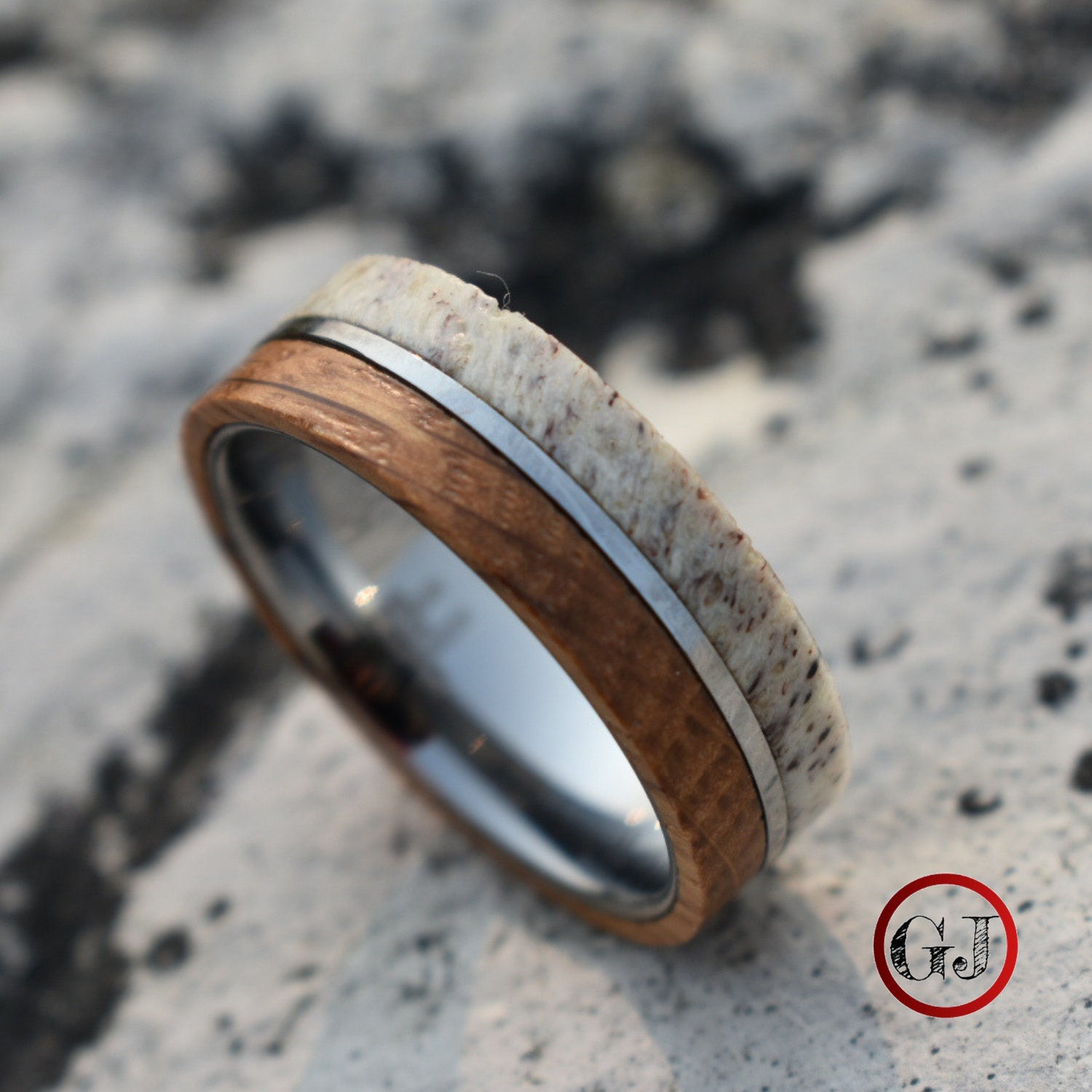 Whiskey Barrel and Deer Antler Ring with Tungsten Band